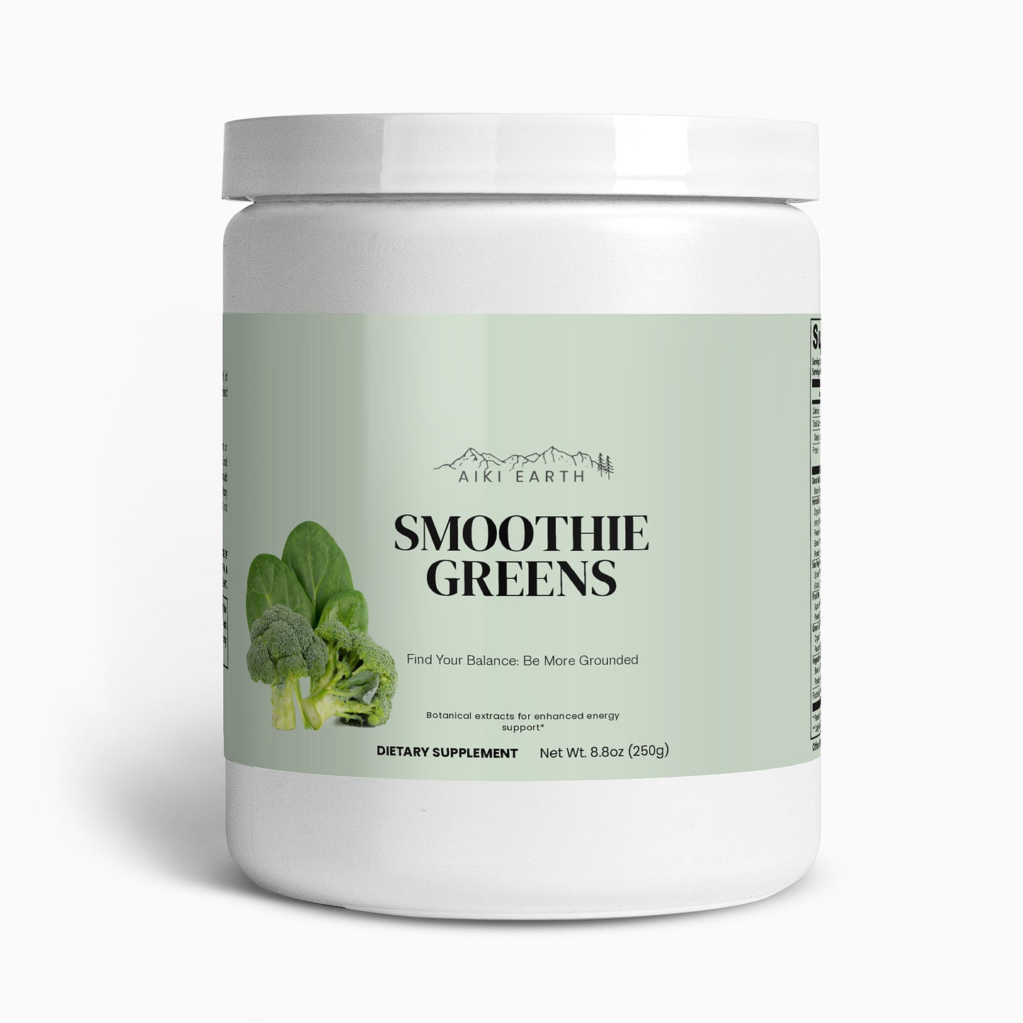 Dietary supplement container labeled 'Smoothie Greens' by Aiki Earth on a white background