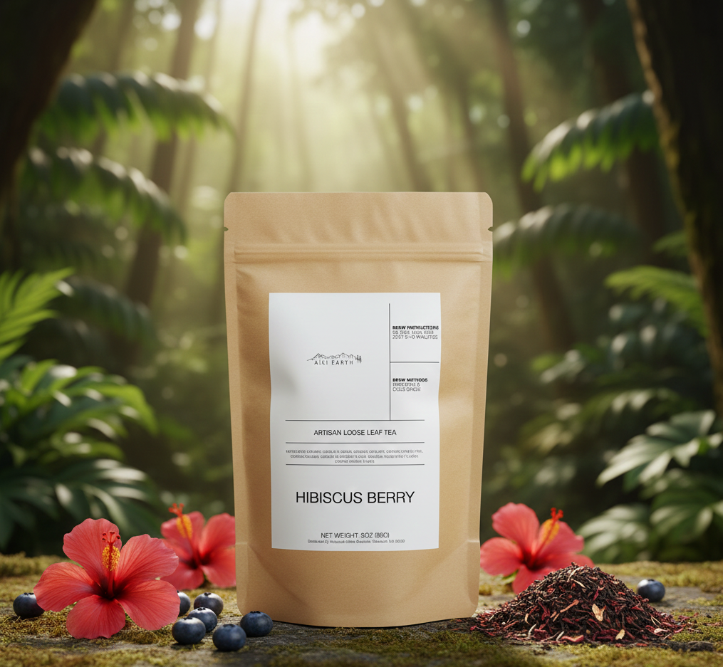 Tea package labeled 'Hibiscus Berry' with flowers and leaves on a natural background