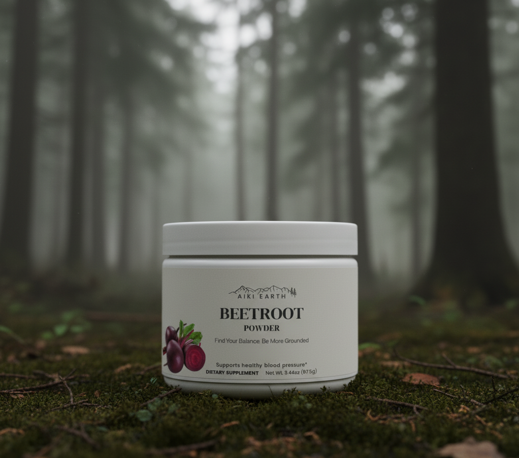 Jar of beetroot powder with a forest background