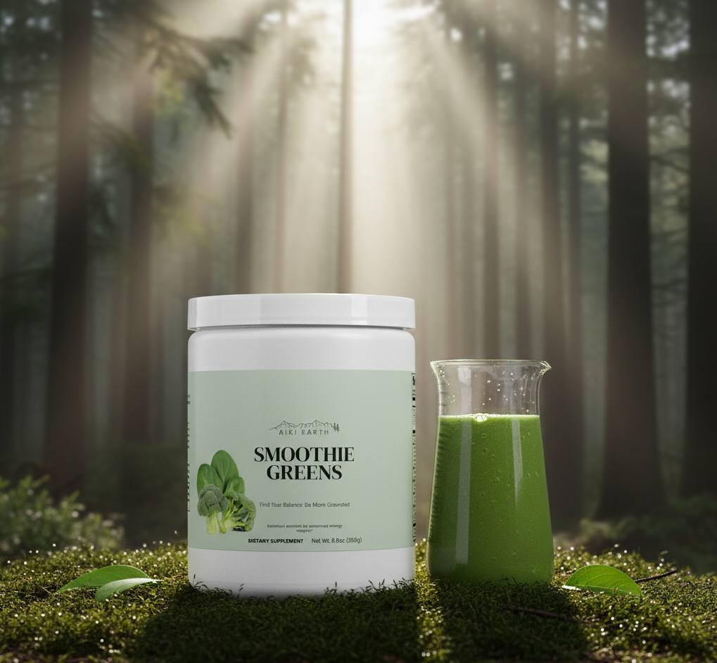 Supplement container labeled 'Smoothie Greens' in a forest setting with a glass of green smoothie.