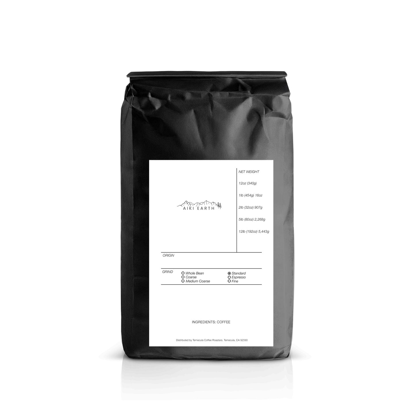 Black coffee bag with a white label on a white background